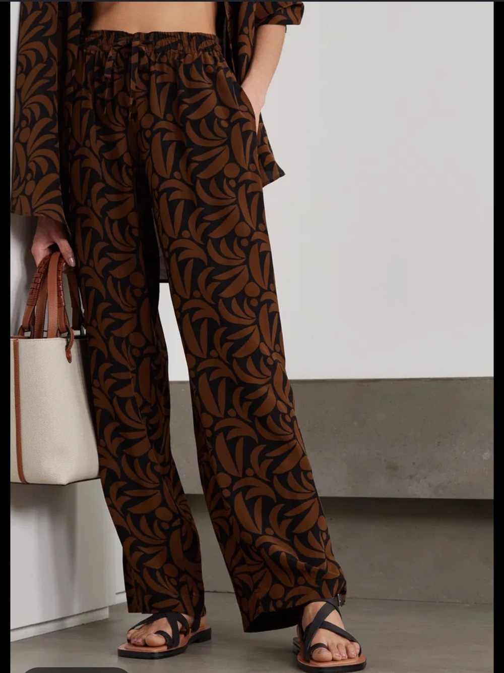 Matteau Brown & Black Leaf-Print Silk Wide-Leg Pants